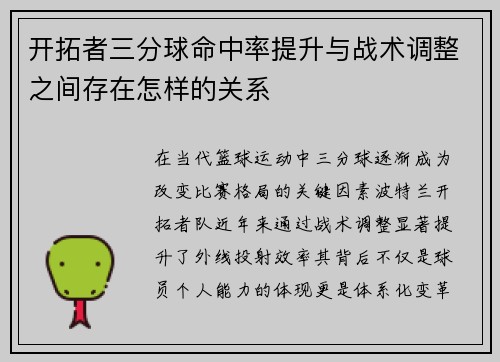 开拓者三分球命中率提升与战术调整之间存在怎样的关系