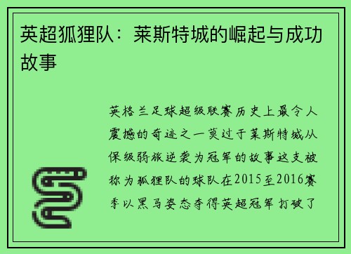 英超狐狸队：莱斯特城的崛起与成功故事